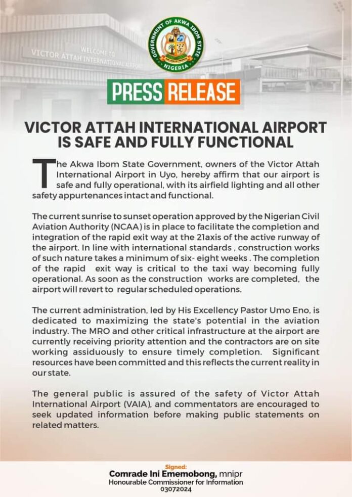 VICTOR ATTAH INTERNATIONAL AIRPORT IS SAFE AND FULLY FUNCTIONAL